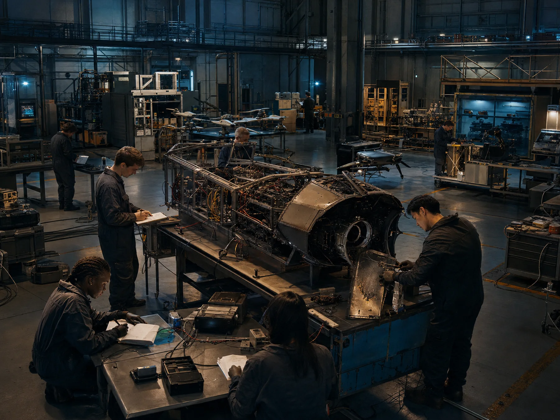 Ingenieros prueban tecnología experimental en un hangar internacional.